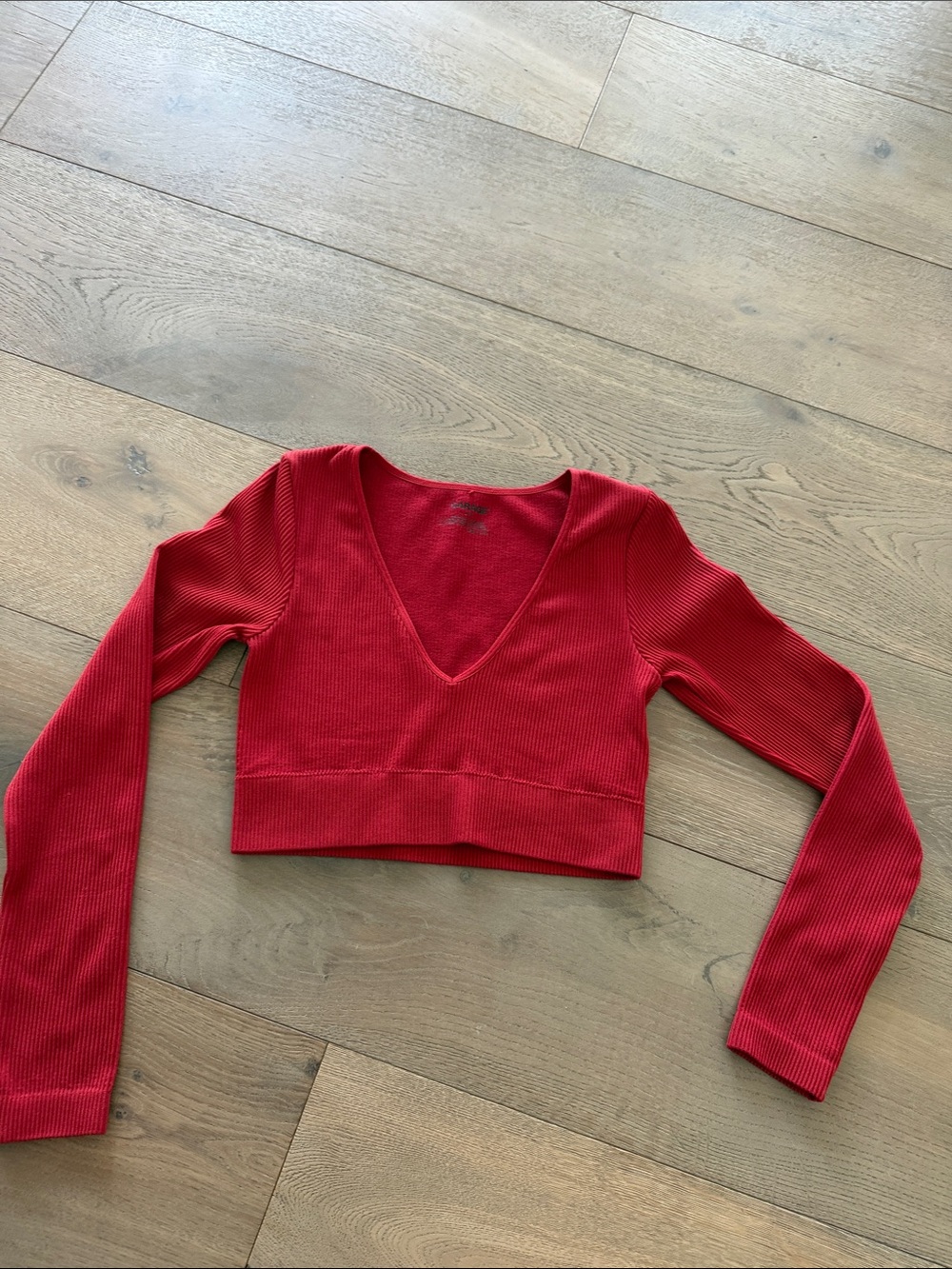 Garage Red Ribbed V-Neck Long Sleeve Crop Top - Women